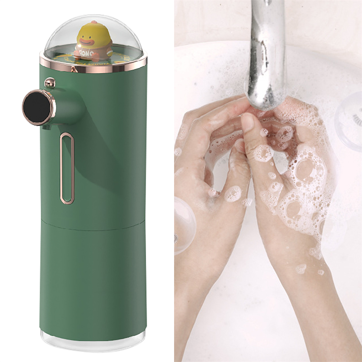 Grüner automatischer Seifenspender mit Entenfigur. Hände werden im Hintergrund gewaschen.