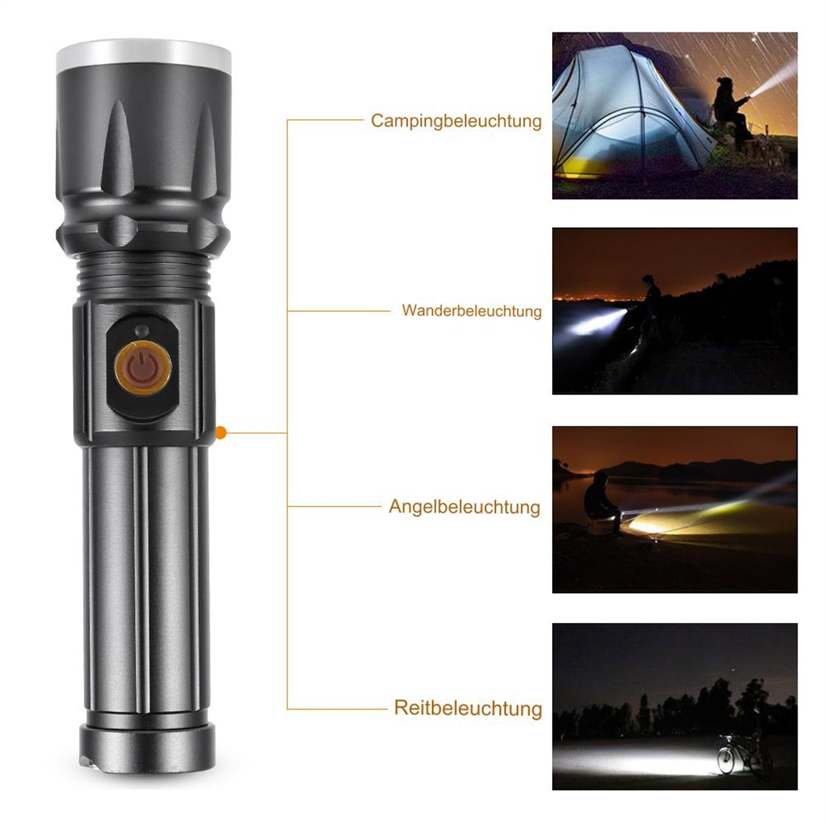 Schwarze Taschenlampe mit orangefarbenem Knopf, verschiedene Szenen: Camping, Wandern, Angeln und Radfahren bei Nacht.