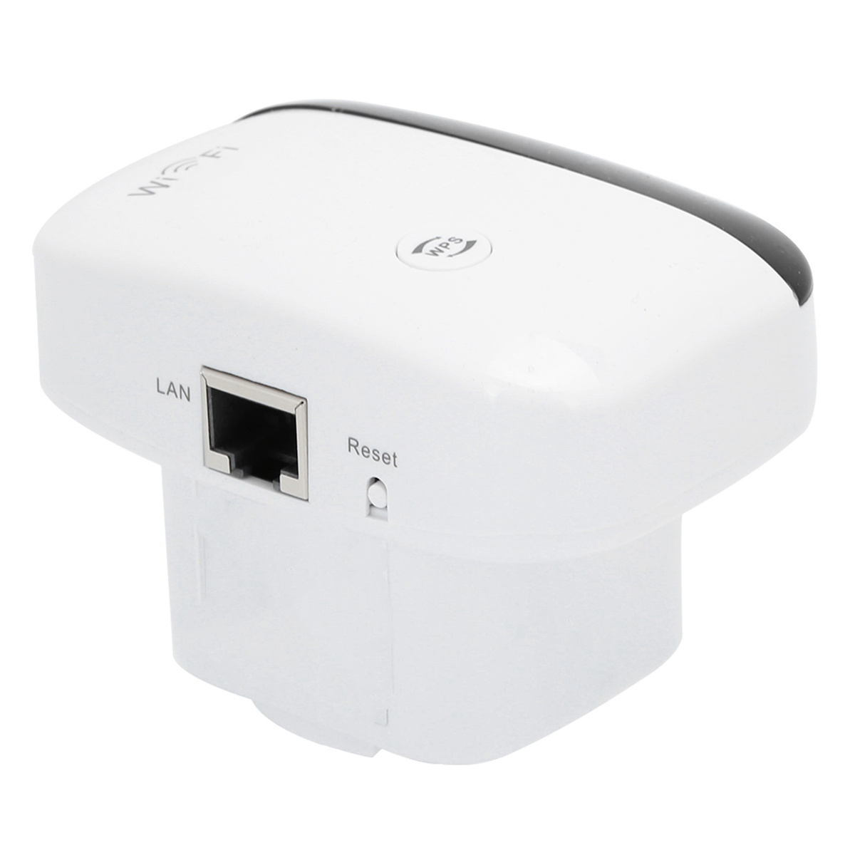 Weißer WLAN-Repeater mit LAN- und Reset-Anschlüssen. Schwarze Oberseite. Weißer Hintergrund. WPS-Taste.