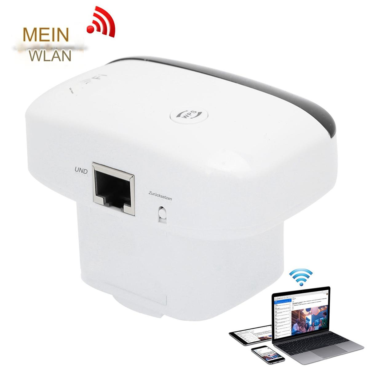 Ein weißer WLAN-Repeater mit einem Laptop und anderen Geräten, die das WLAN-Signal anzeigen.
