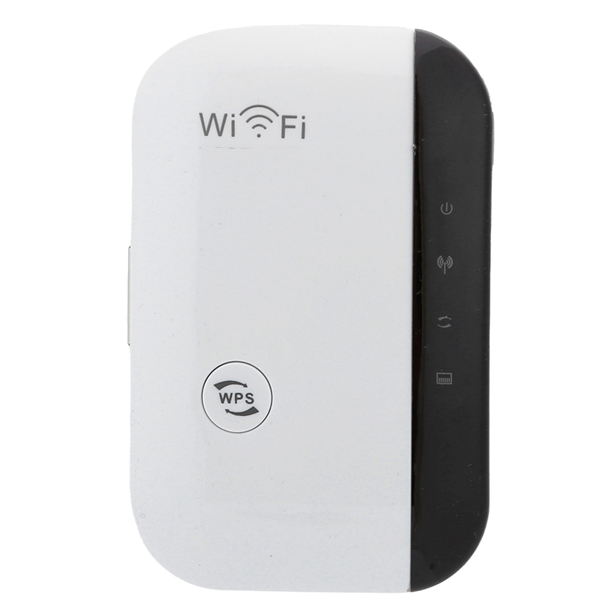 Weißer WLAN-Router. Schwarze Seitenverkleidung. WPS- und Ein/Aus-Tasten. WLAN-Symbol. Weißer Hintergrund.