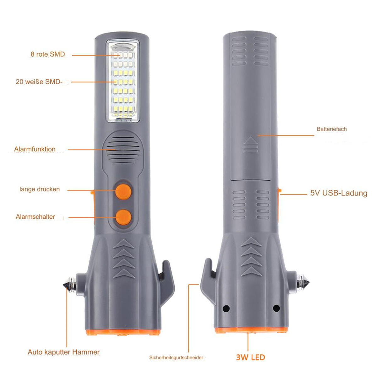 Eine graue Taschenlampe mit orangefarbenen Knöpfen, beschriftet, mit Glasbrecher und Sicherheitsmesser. 3W LED-Label.