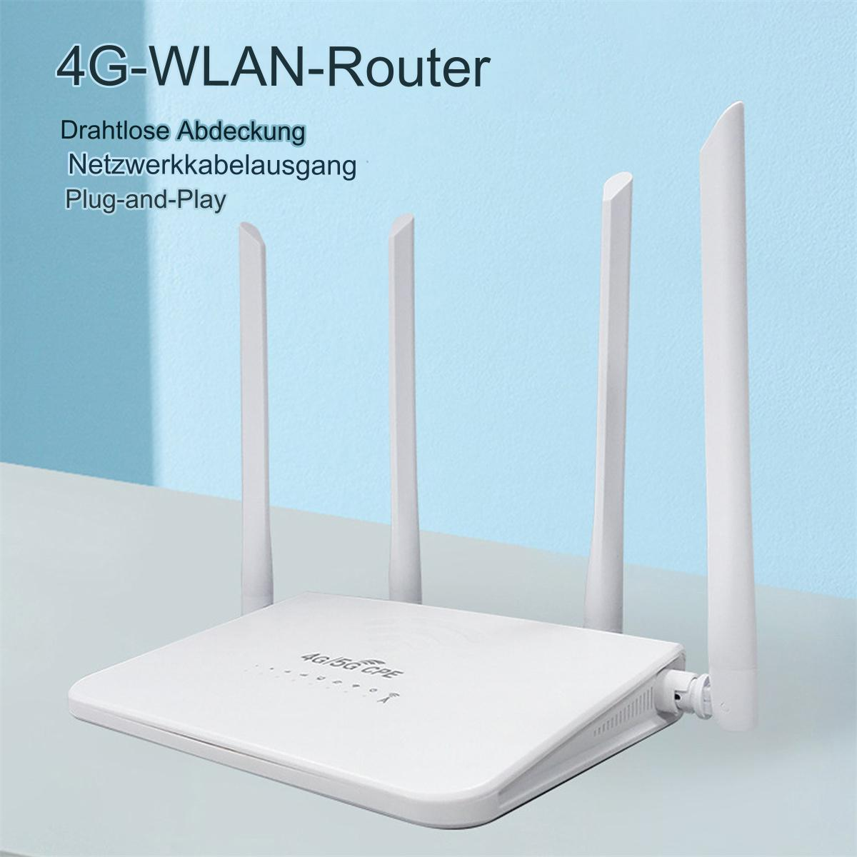 Ein weißer Router mit vier Antennen. Der Hintergrund ist ein verschwommenes, hellblau und weiß.