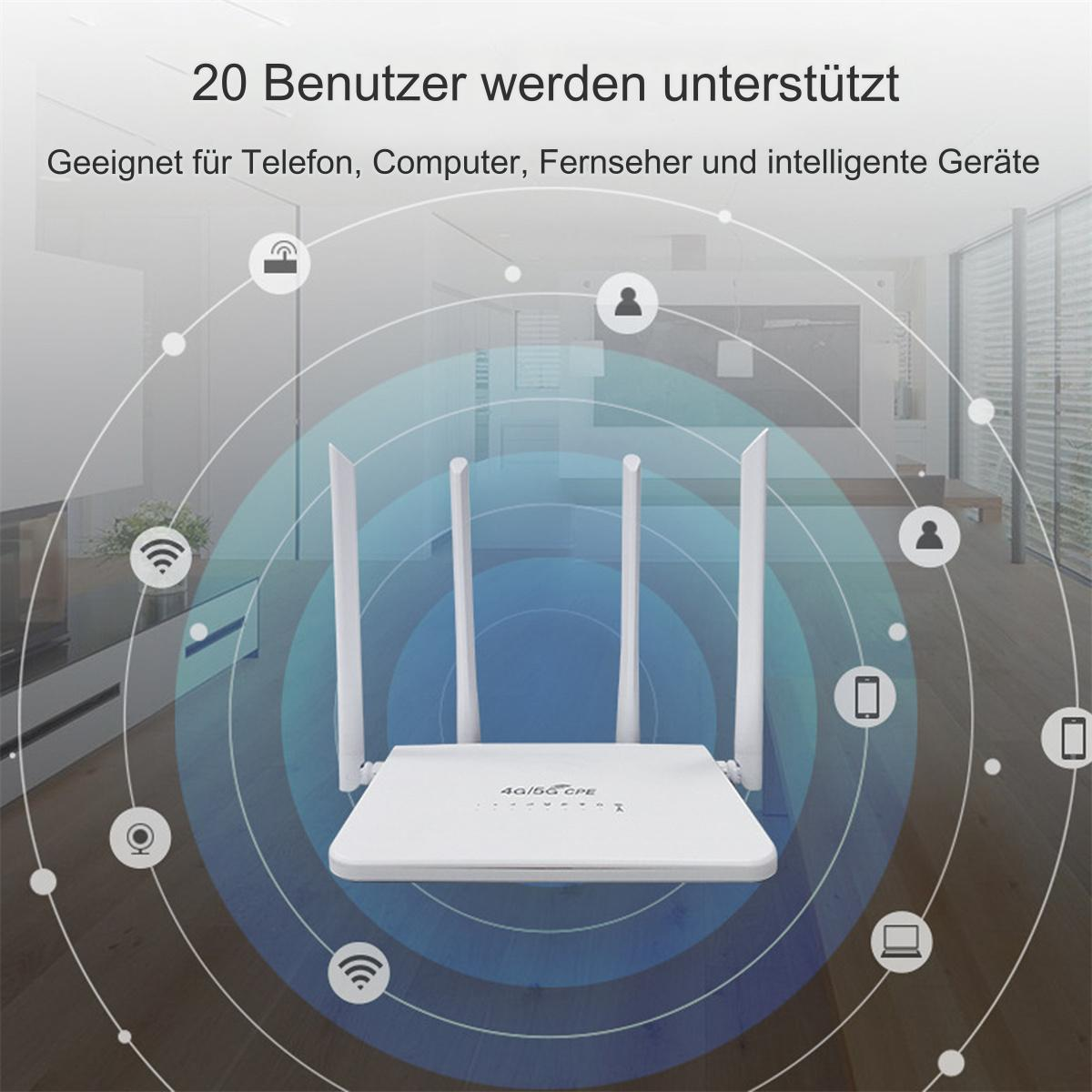 Weißer Router mit Antennen, umgeben von Verbindungssymbolen, weißer Hintergrund.