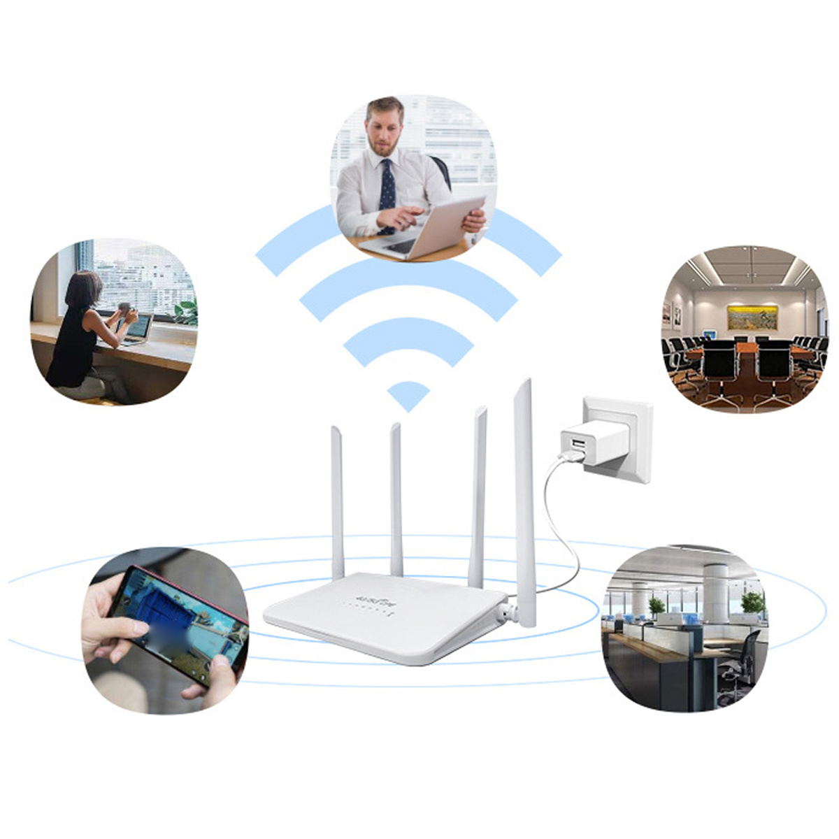 Ein weißer Router mit Antennen, umgeben von Bildern von Personen, die Geräte benutzen, und einer Steckdose.