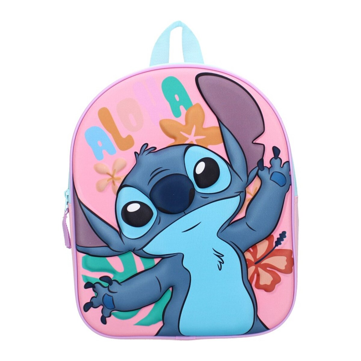 Ein rosa Stitch-Rucksack mit ALOHA-Text, Blumen und Stitch-Charakterillustration.