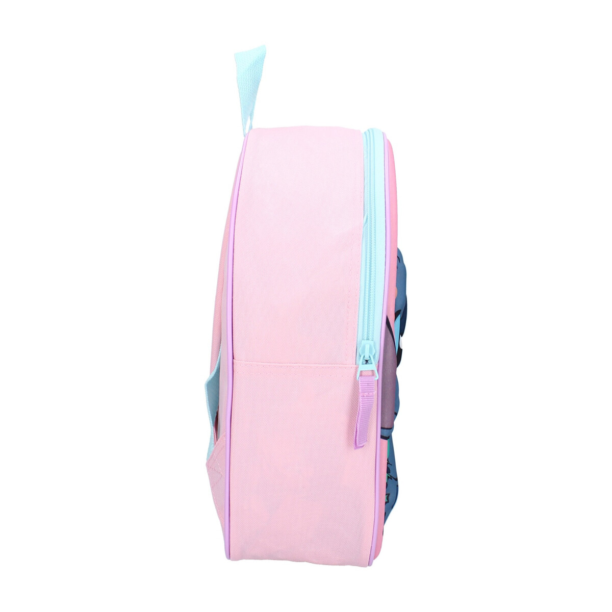 Rosa und blaue Seitenansicht eines Rucksacks mit Reißverschluss, Griff und kleiner Seitentasche.