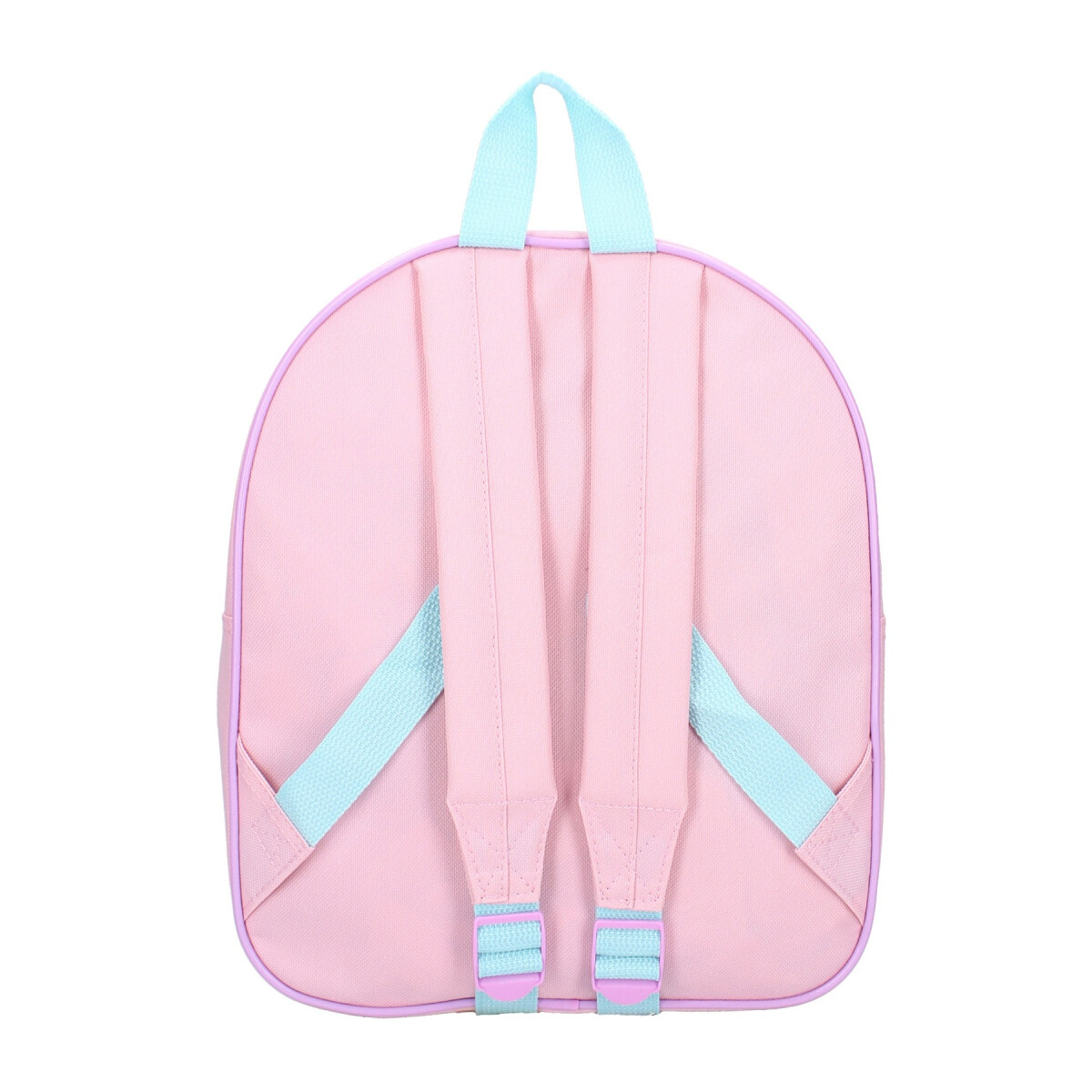 Rosa Rucksack mit hellblauen Trägern. Die Rückseite hat zwei hellblaue Schultergurte und einen Tragegriff oben.