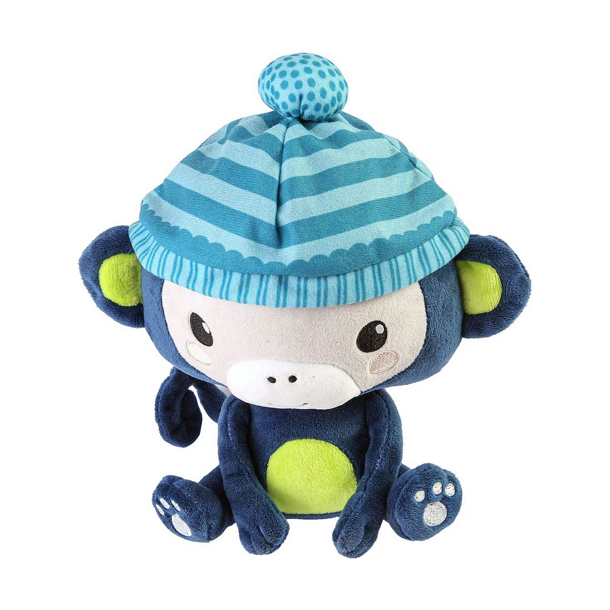 Blaues Plüschaffen-Spielzeug mit blau-gestreifter Beanie-Mütze.