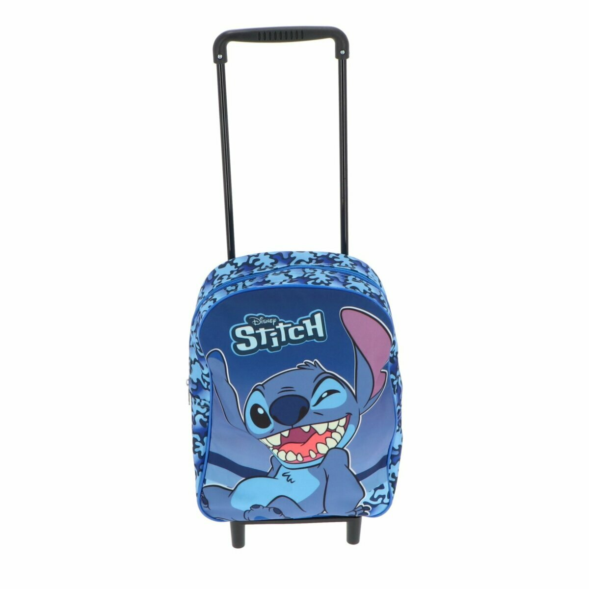 Blauer Stitch-Trolley mit fröhlichem Stitch auf der Vorderseite.