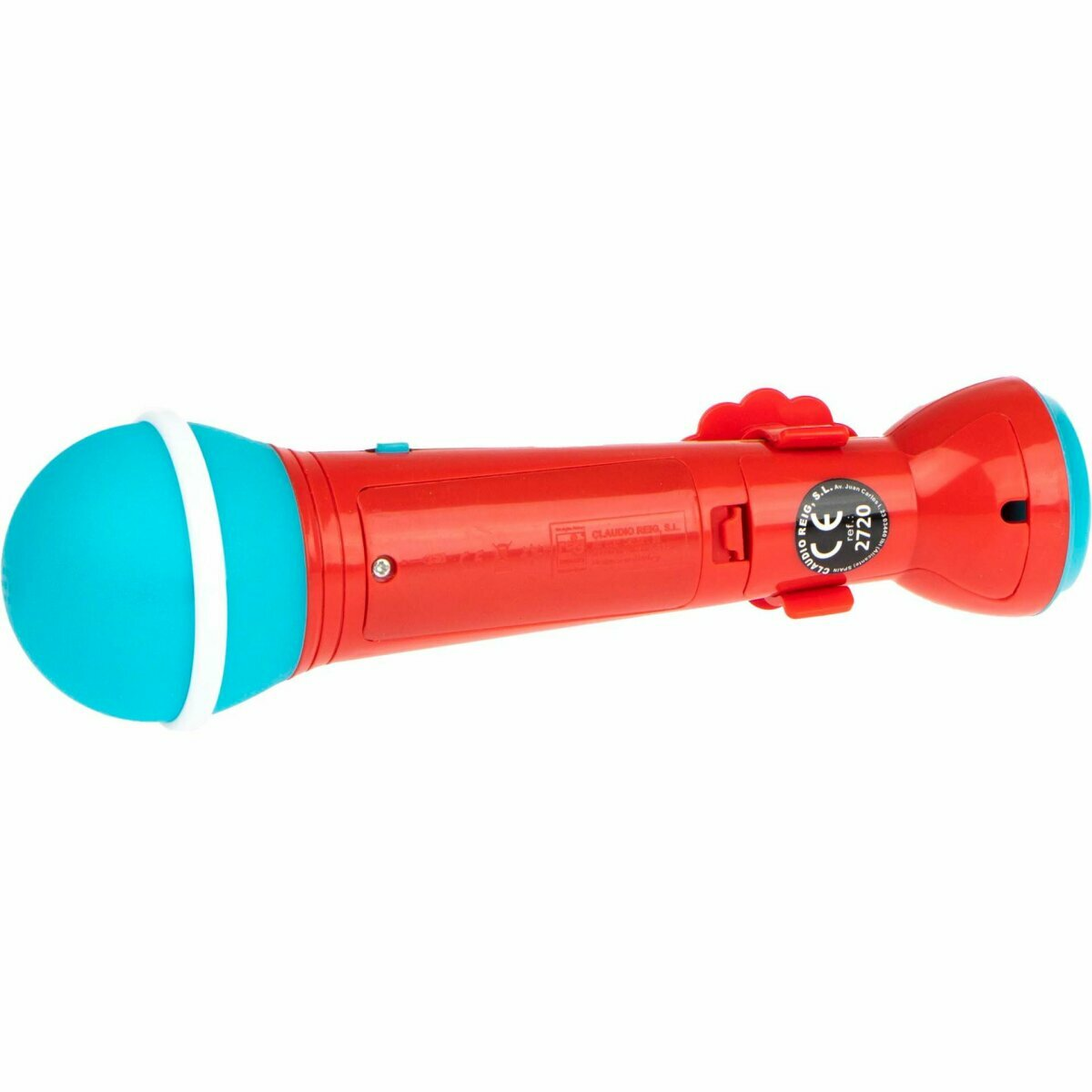 Ein rotes und blaues Spielzeugmikrofon mit einem weißen Ring um den blauen Teil und einem roten Schalter.