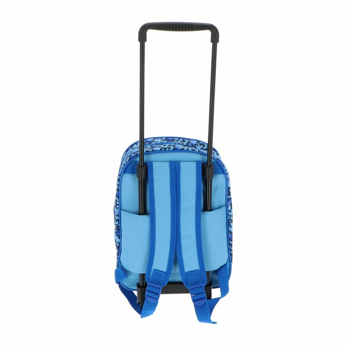 Blauer Rollrucksack mit Griff und Trägern, Rückansicht.