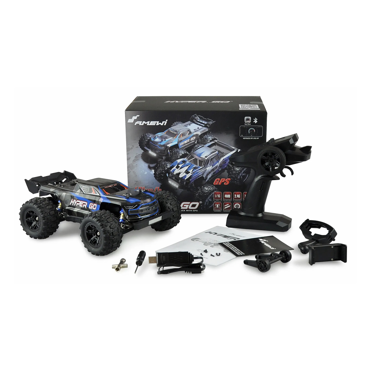 Un coche radiocontrolado con mando a distancia, caja y accesorios. El coche es azul y negro.