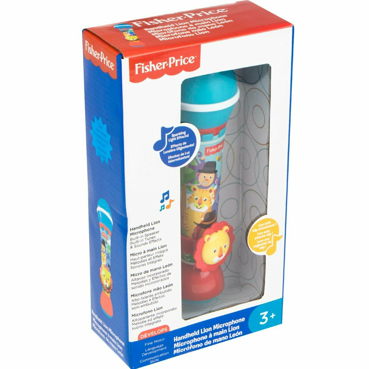 Verpacktes Spielzeugmikrofon, mit blauem Oberteil, roter Basis und Löwen-Design. Die Box hat Text.
