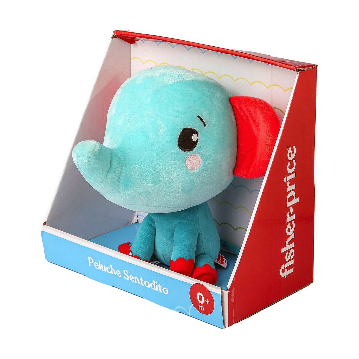 Ein blaues Elefanten-Plüschtier mit roten Ohren in einem Karton.