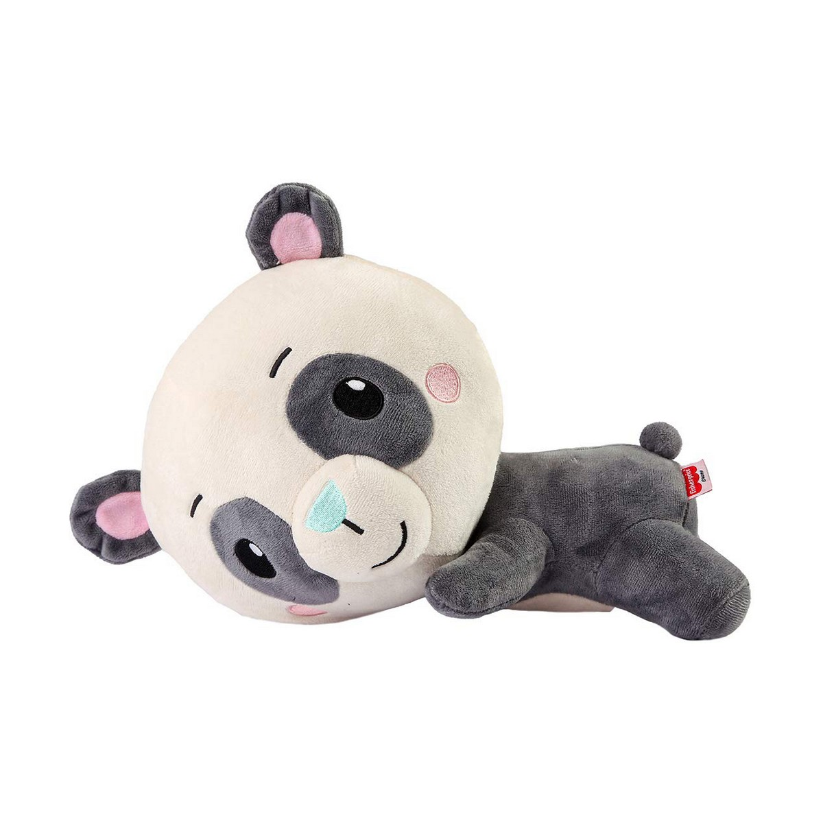 Plüschpanda liegend, weißer Kopf, schwarze Augen und Ohren, grauer Körper, auf weißem Hintergrund.