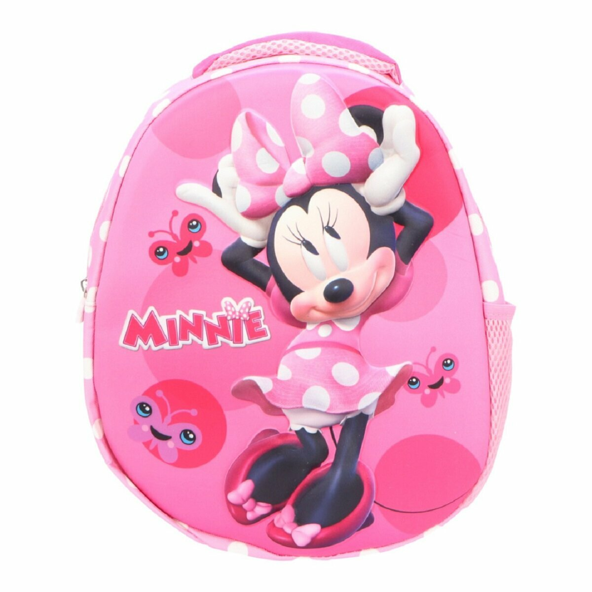 Rosa Minnie Mouse Rucksack mit Minnie in der Mitte und Tupfen. Schmetterlinge drumherum.