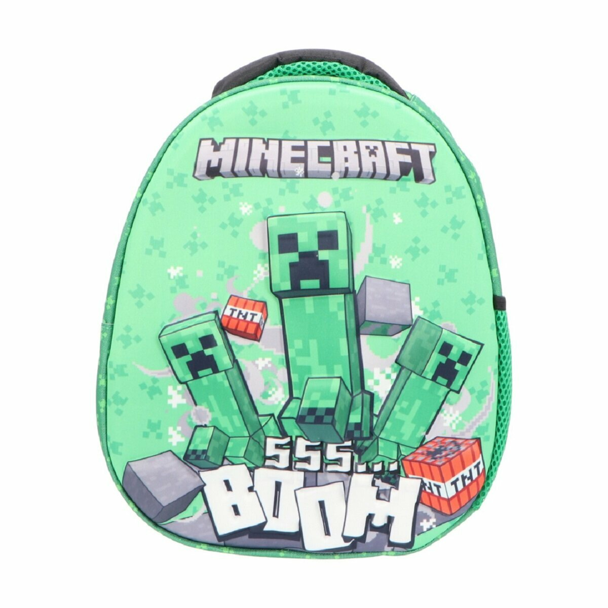 Grüner Minecraft-Rucksack mit Creeper-Gesicht und TNT-Blöcken vor grünem Hintergrund.