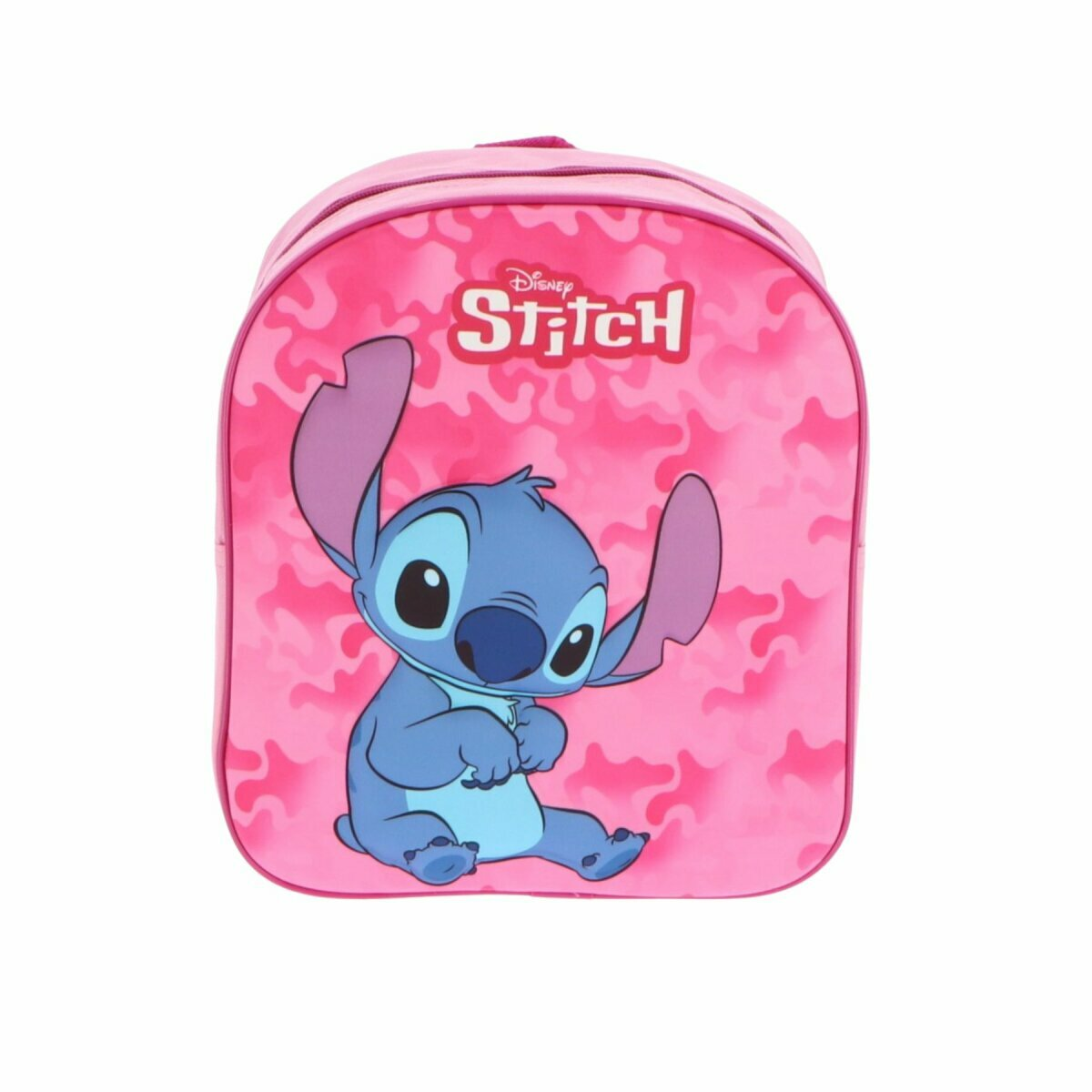 Rosa Rucksack mit Stitch von Disney. Stitch ist blau. Rosa Hintergrund mit rosa Wellenformen.