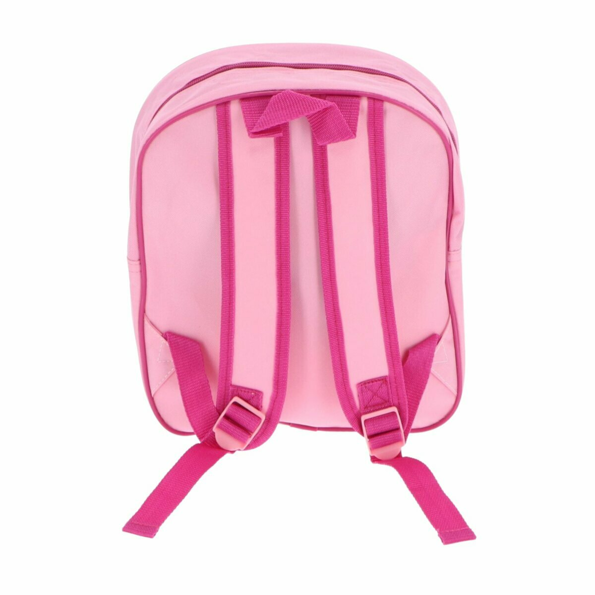 Rosa Rucksack mit rosa Trägern. Rückansicht.