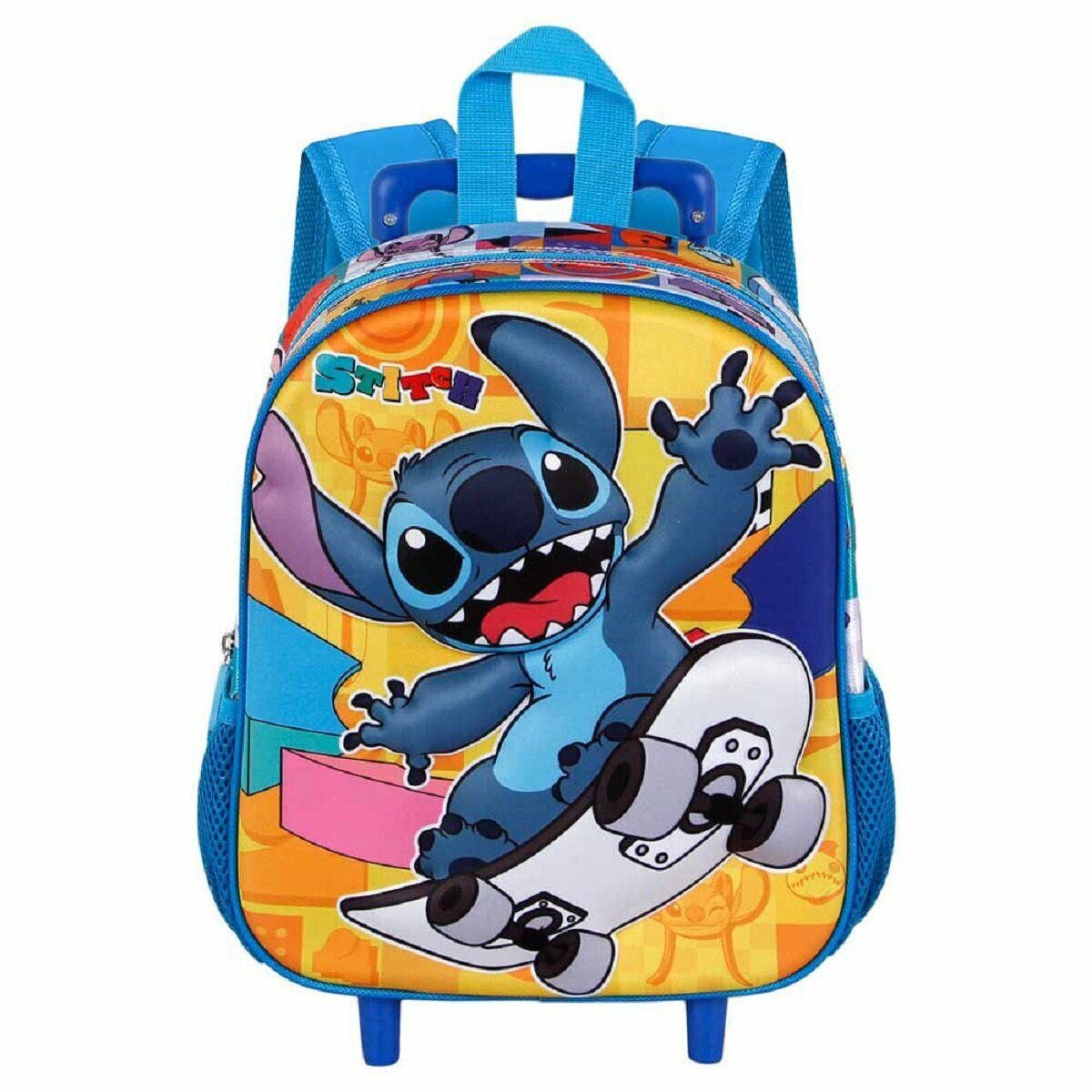 Blauer Stitch-Rucksack mit einem Bild von Stitch auf einem Skateboard.