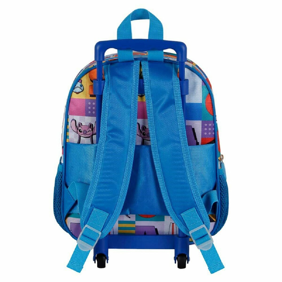 Ein blauer Rollrucksack mit Stitch-Design, mit mehreren Taschen und Riemen.