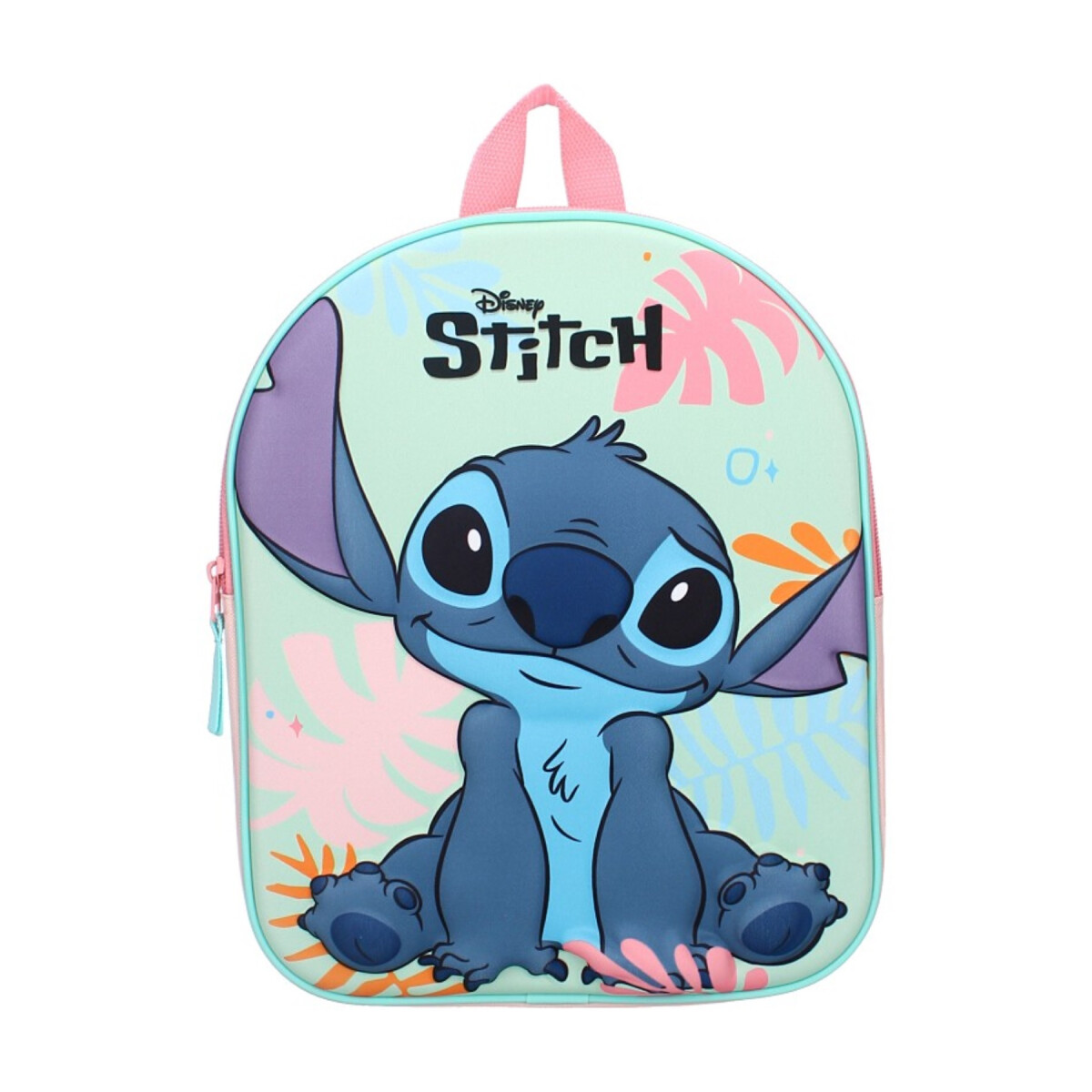 Ein blauer Stitch-Rucksack mit Stitchs Gesicht darauf, vor einem hellgrünen Hintergrund.