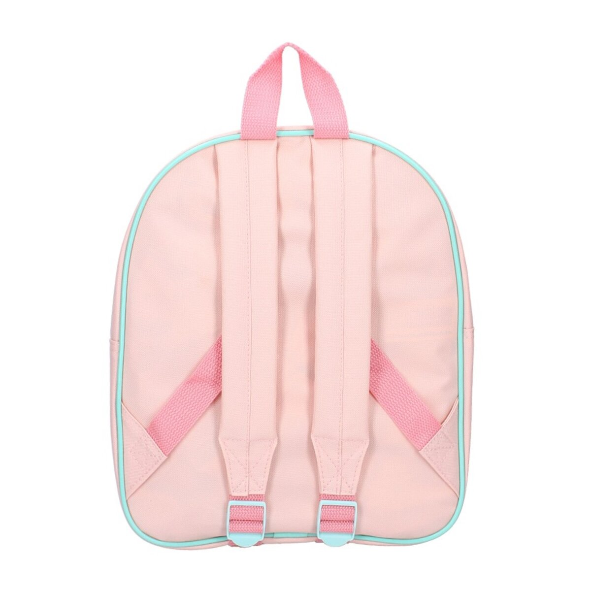 Rosa Rucksack mit hellblauer Umrandung, rosa Trägern und Griff.