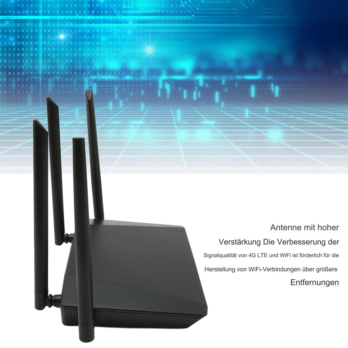 Schwarzer Router mit vier Antennen. Blauer digitaler Hintergrund. Text auf Deutsch beschreibt Funktionen.