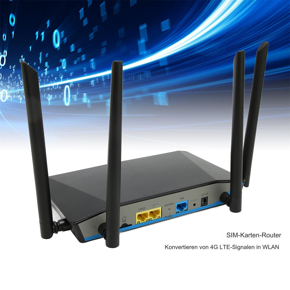 Ein schwarzer Router mit vier Antennen, mit LAN-, WAN- und Stromanschlüssen. Blaues Licht und digitaler Hintergrund.