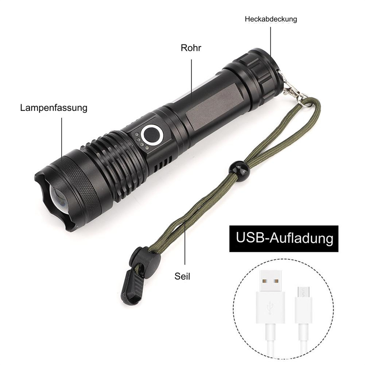Schwarze Taschenlampe mit grünem Riemen und USB-Ladekabel. Beschriftete Teile werden gezeigt.