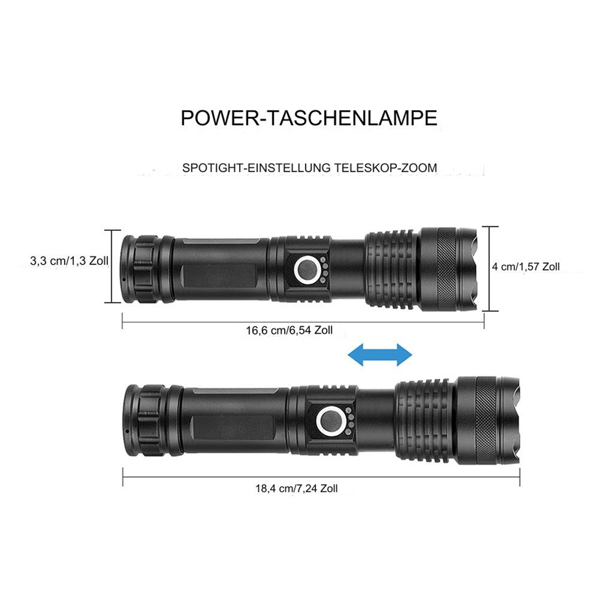 Zwei Taschenlampen in verschiedenen Größen, mit Messungen und Abmessungen in cm und Zoll gezeigt.