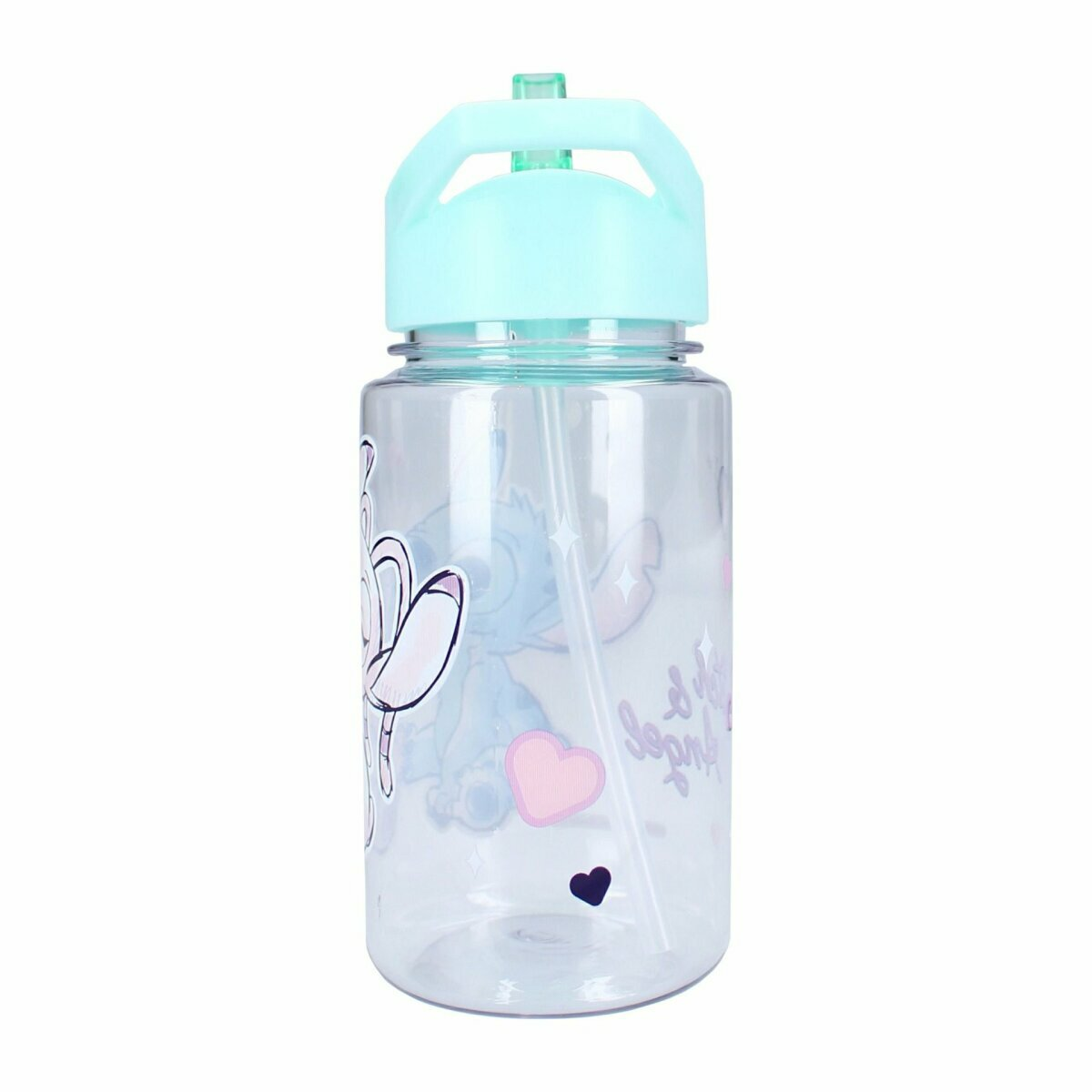 Eine durchsichtige Wasserflasche mit Stitch-Design und blauem Griff.