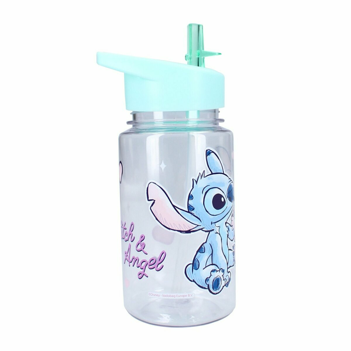 Eine transparente Wasserflasche mit hellblauem Deckel und Stitch-Charakterdesign.