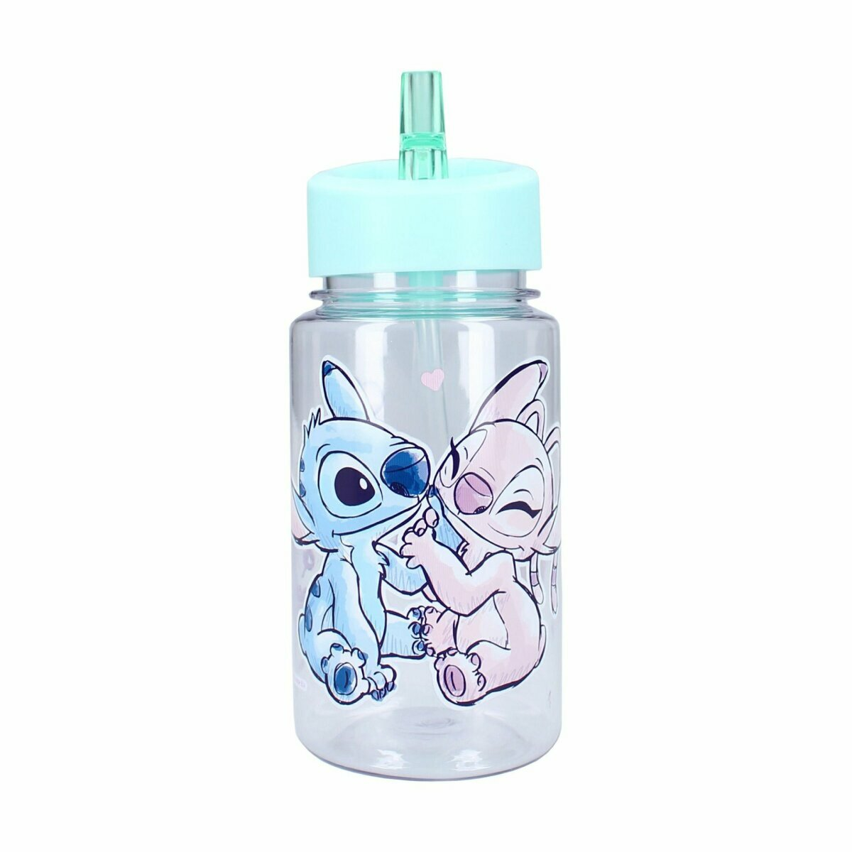 Transparente Plastikwasserflasche mit Stitch- und Angel-Cartoon. Die Flasche hat einen blauen Deckel.