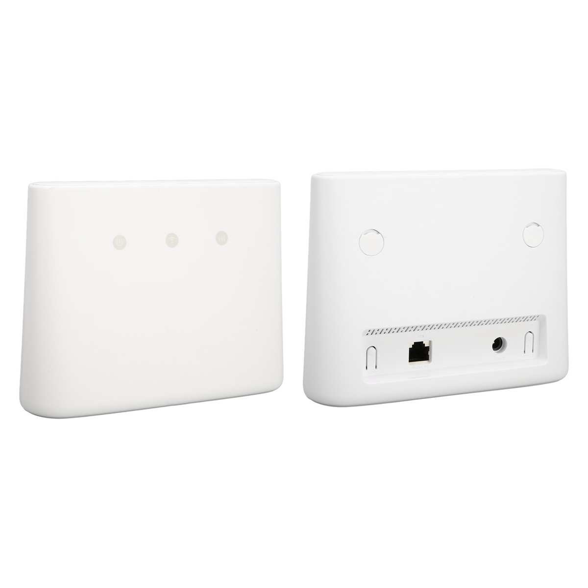 Ein weißer Router mit Vorder- und Rückansicht.