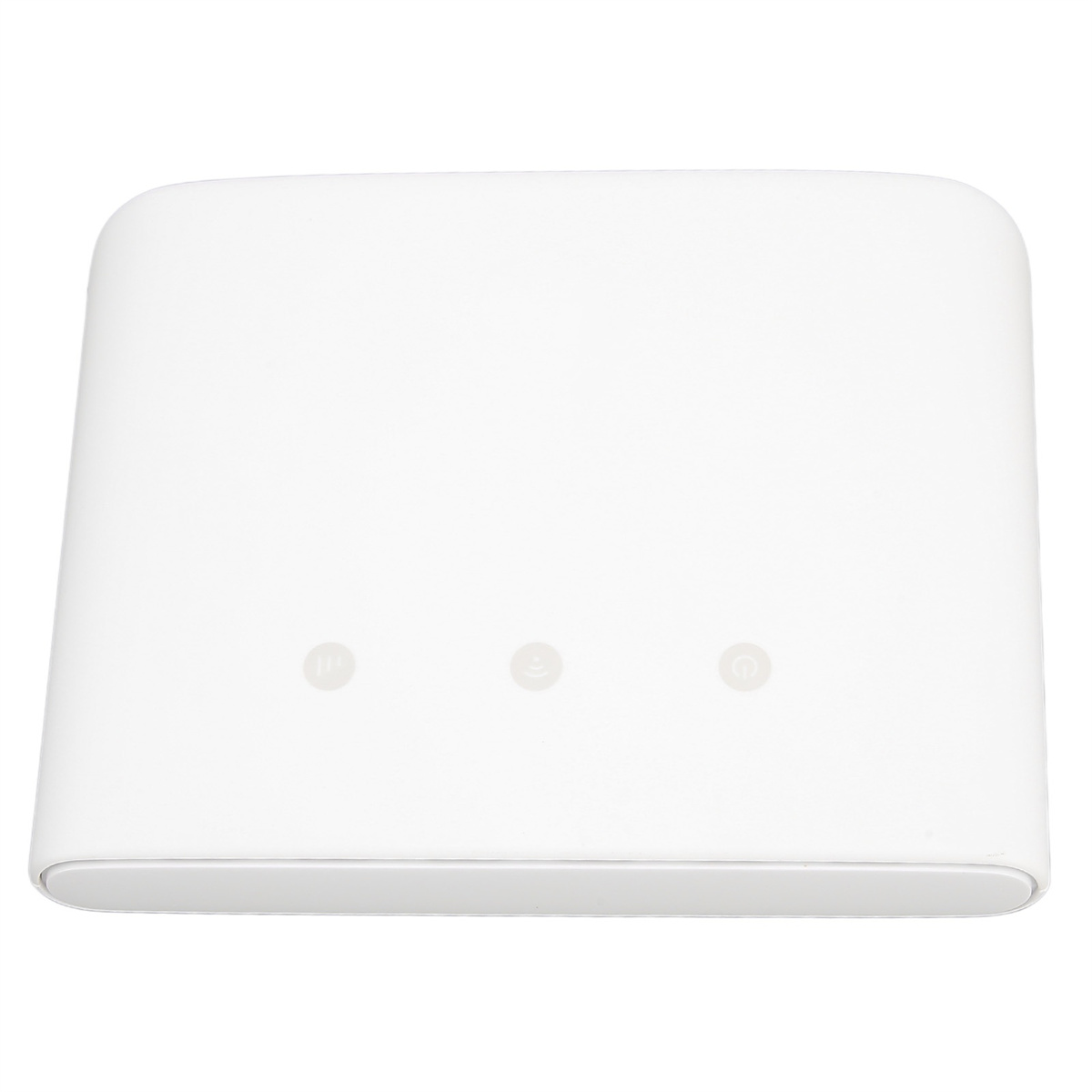 Ein weißer, quadratischer Router mit drei kleinen Lichtern oben. Das Gerät steht auf einer weißen Oberfläche.
