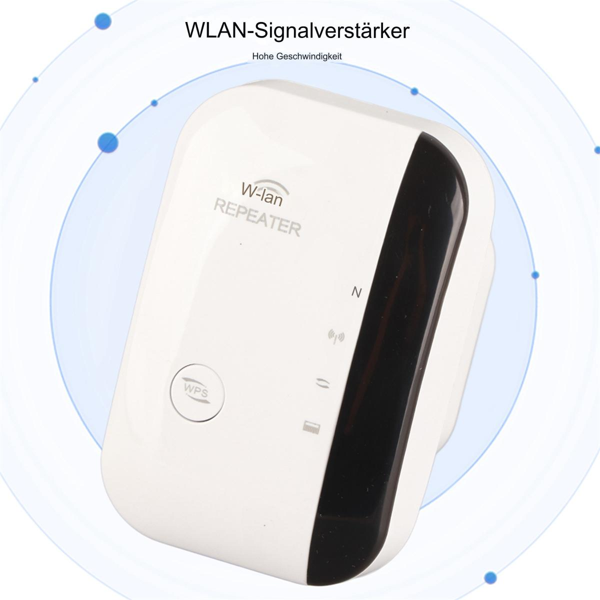 Weißer und schwarzer WLAN-Repeater. Es hat eine WPS-Taste und ein WLAN-Symbol.