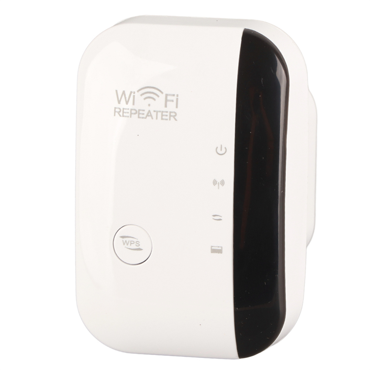 Weißer WLAN-Repeater mit schwarzem Streifen, WPS-Taste und Signalleuchten. Isoliert auf weißem Hintergrund.