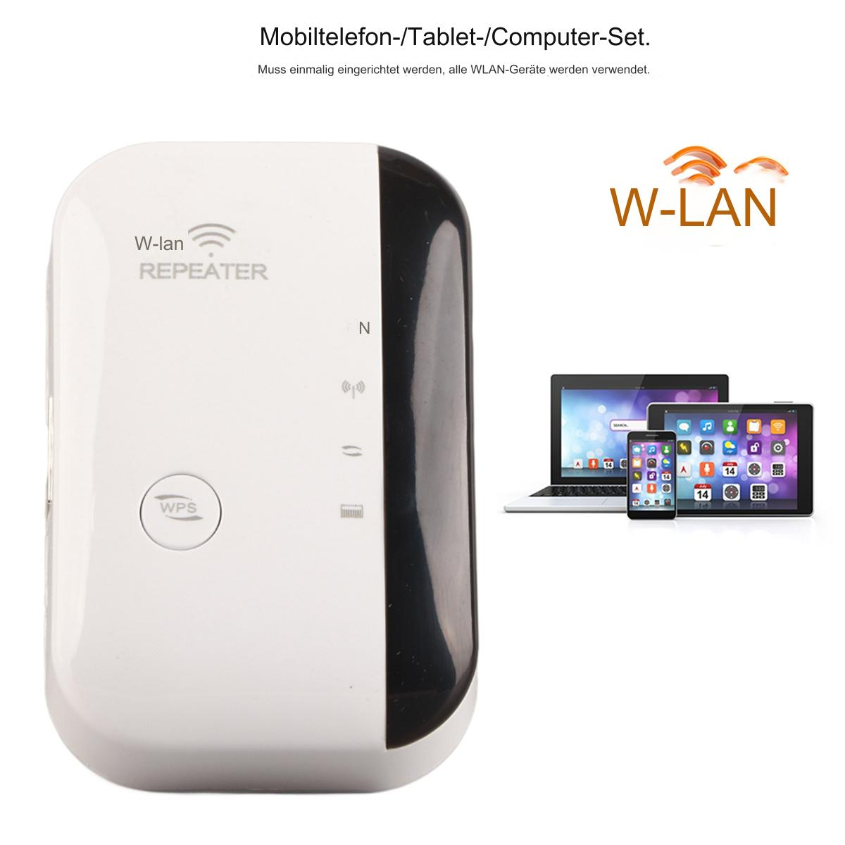 Weißer und schwarzer Wi-Fi-Repeater mit Laptop, Smartphone und Tablet im Hintergrund.