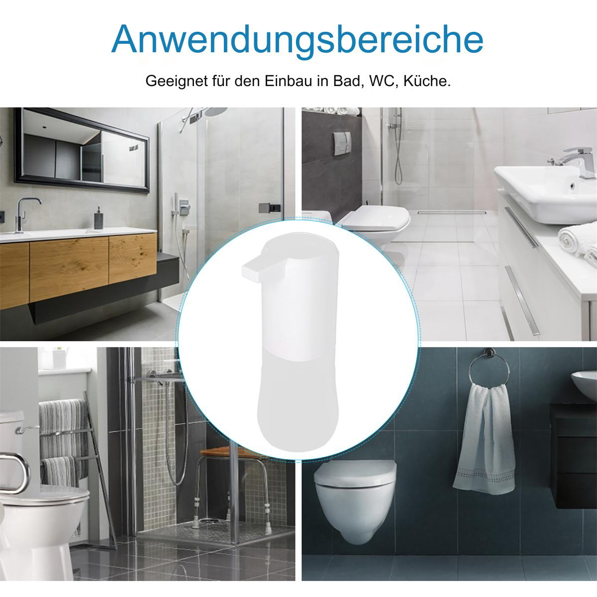Badezimmerszenen mit weißem Seifenspender. Text: Geeignet für den Einbau in Bad, WC, Küche.