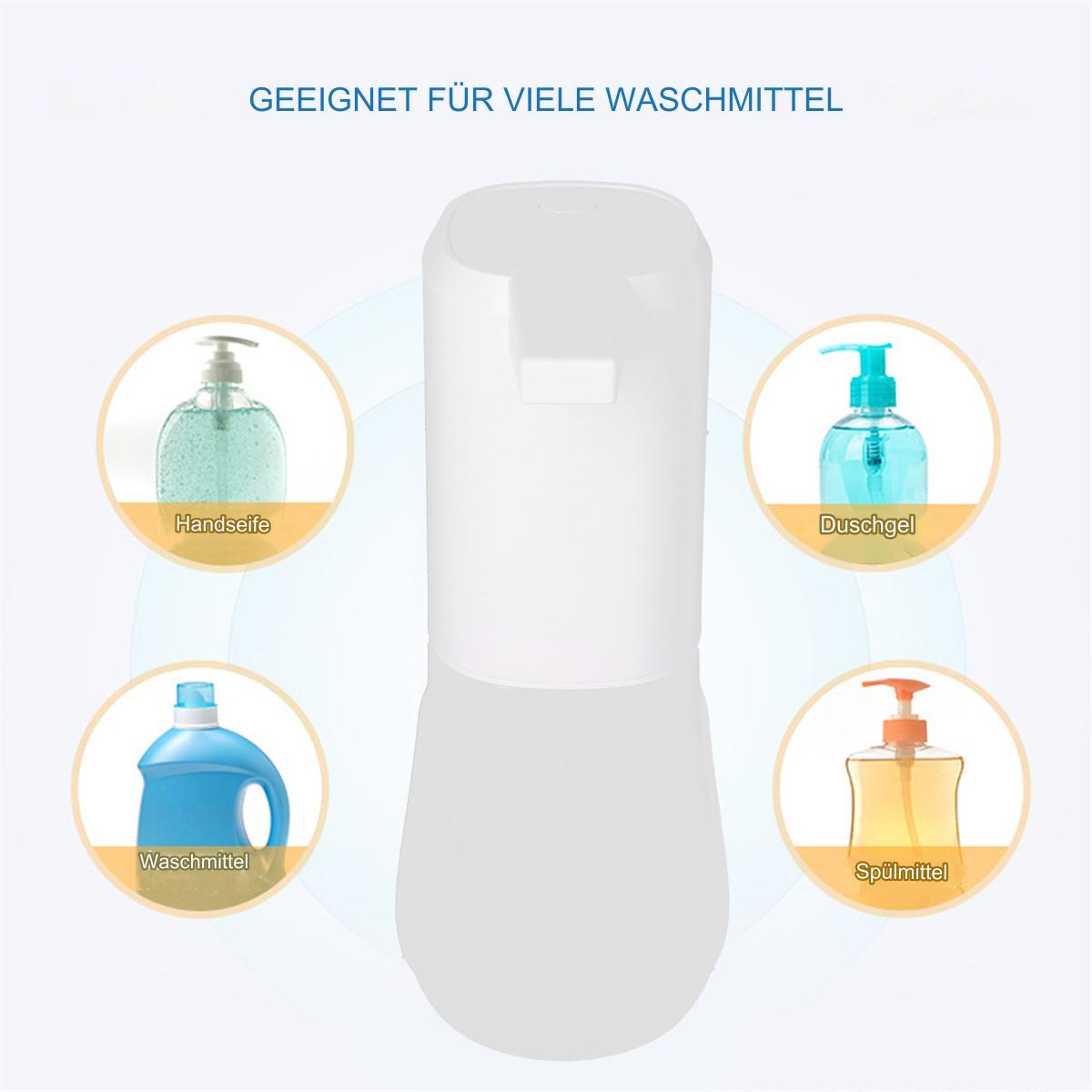Automatischer Seifenspender mit vier Seifentypen: Handseife, Duschgel, Waschmittel und Spülmittel. Weißer Hintergrund.
