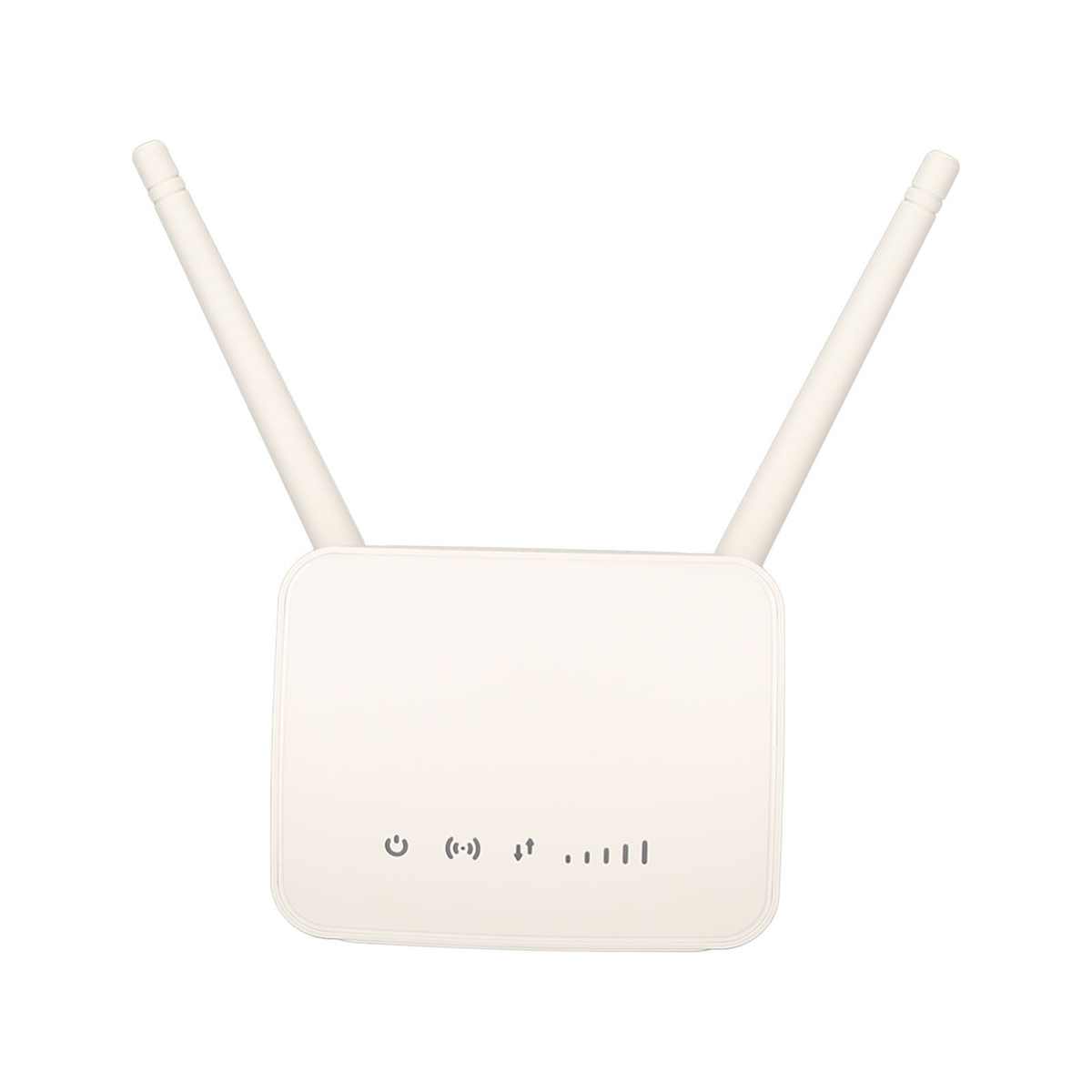 Weißer Router mit zwei Antennen. Er hat Strom-, Internet- und Signalanzeigeleuchten auf der Vorderseite.