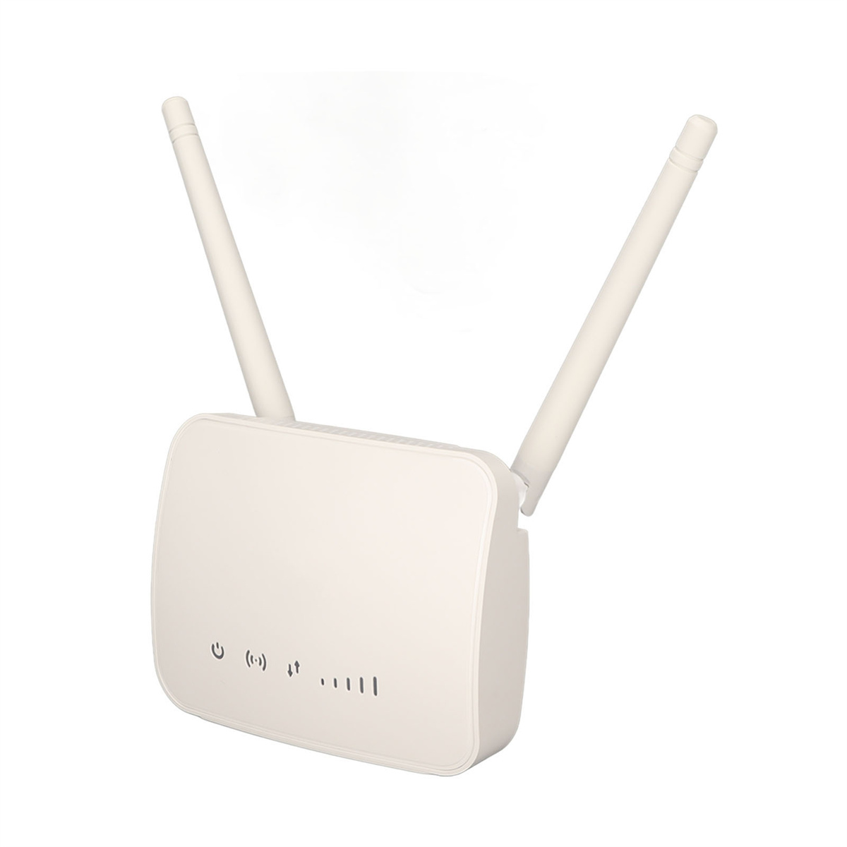 Weißer Router mit zwei Antennen. Er hat Statusanzeigen und einen Ein/Aus-Knopf.