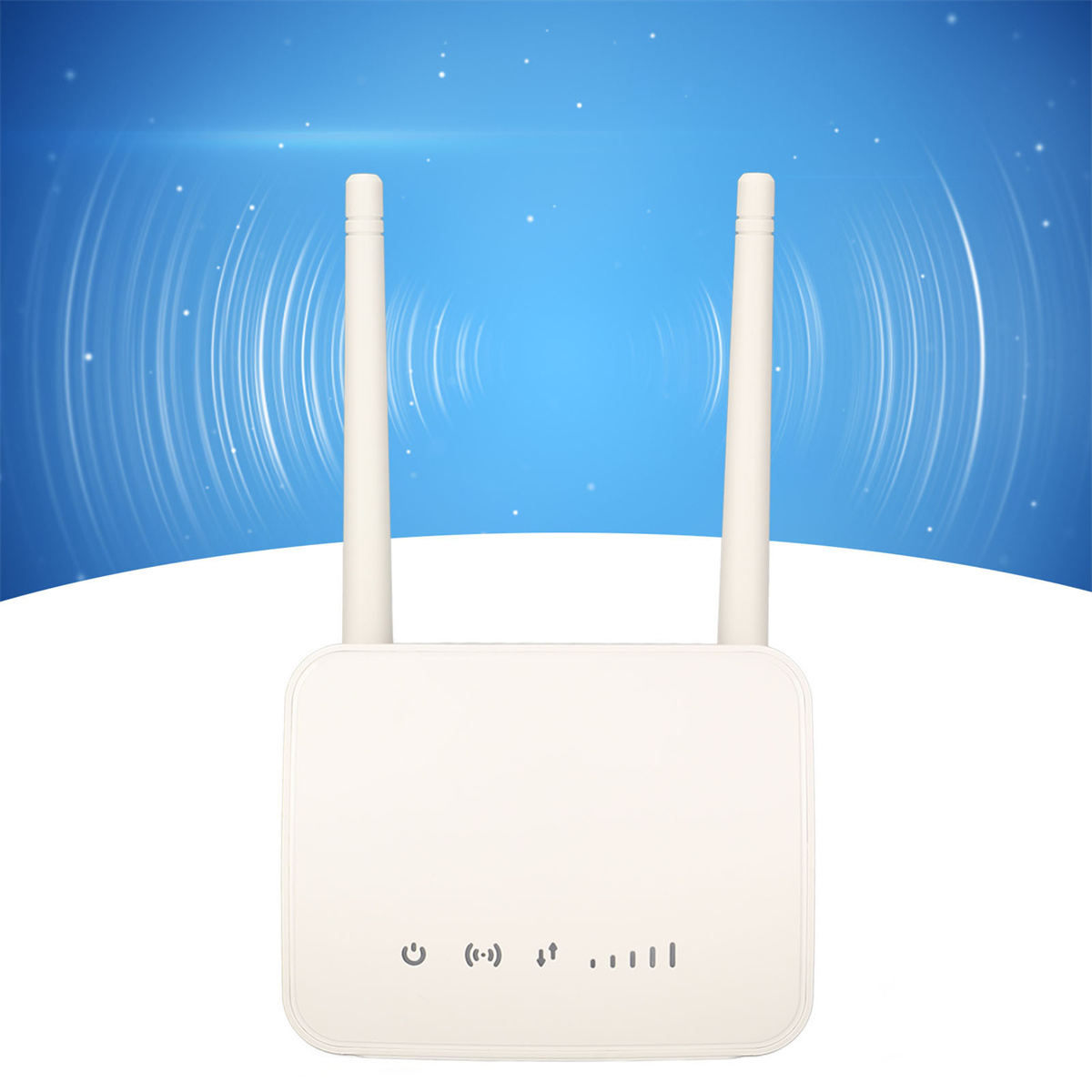 Ein weißes Modem mit zwei Antennen vor blauem Hintergrund. Das Modem hat mehrere Kontrollleuchten.