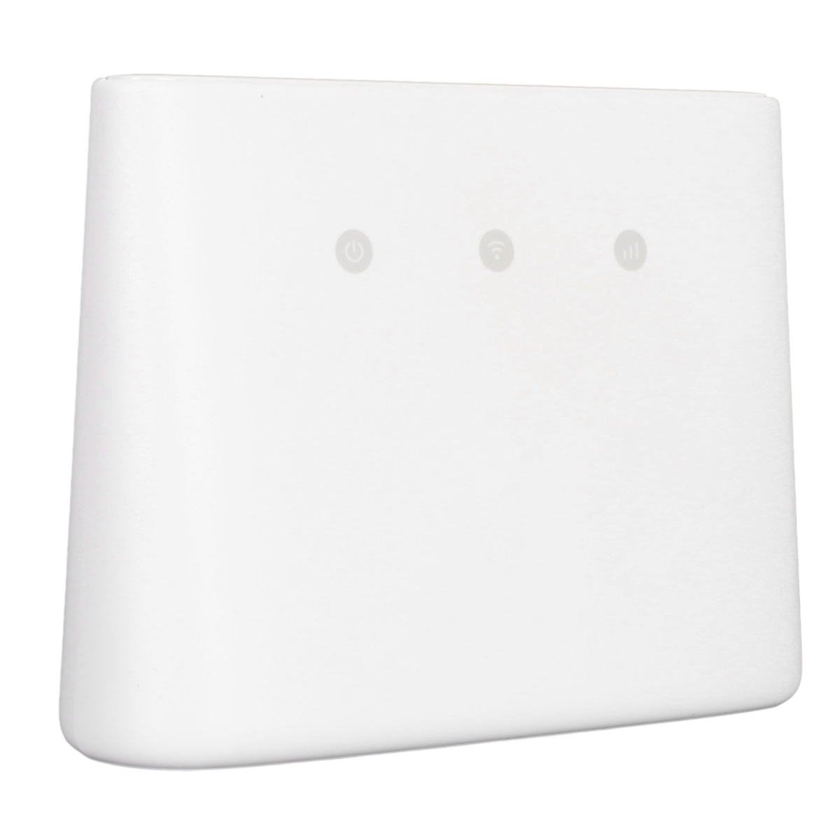 Ein weißer Router mit drei Lichtindikatoren. Er befindet sich auf weißem Hintergrund.