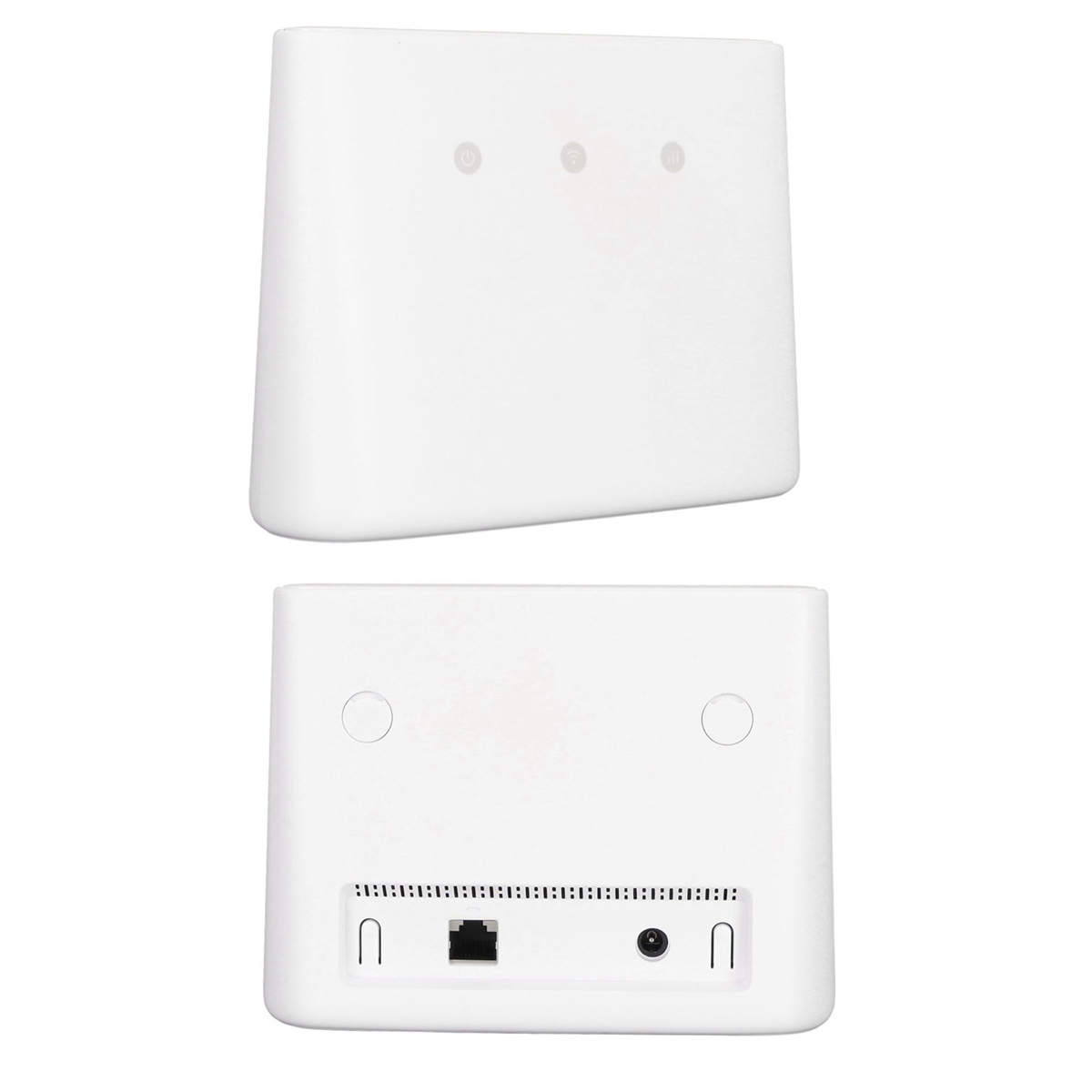 Weißer Router mit drei Lichtern oben. Unten sind Anschlüsse und Löcher zu sehen.