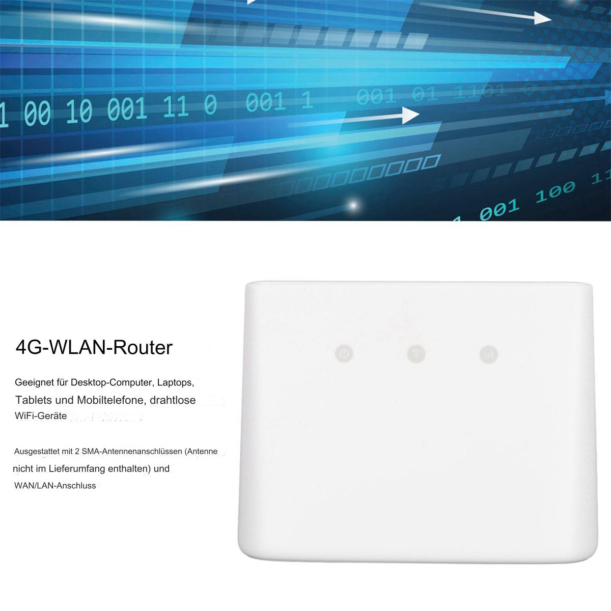 Weißer 4G WLAN-Router. Text-Overlay. Blauer Binärcode-Hintergrund.