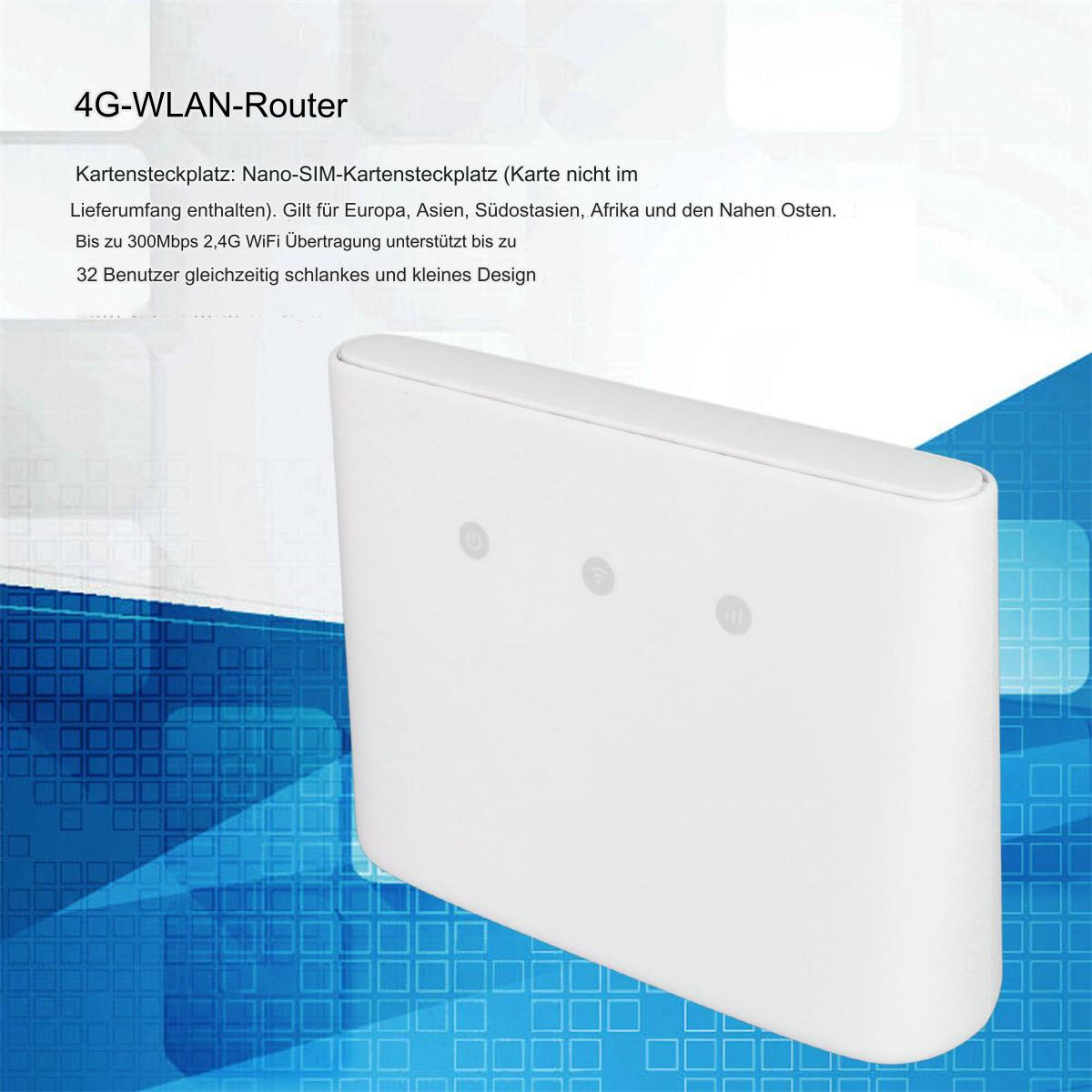 Weißer 4G-WLAN-Router mit drei Knöpfen, blauem Hintergrund und Text.