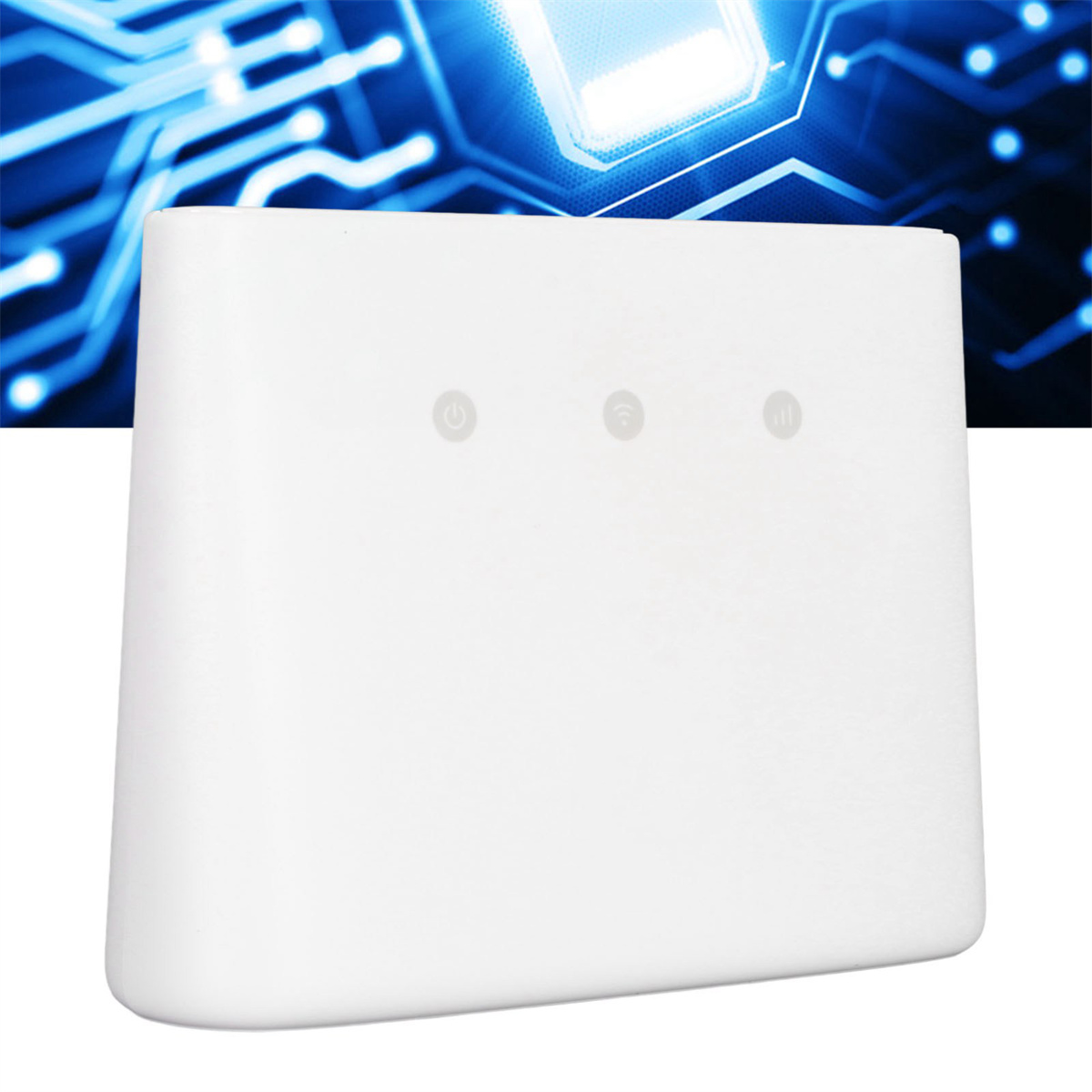 Ein weißer Router mit drei beleuchteten Symbolen auf der Vorderseite und blauem Leiterplattenhintergrund.